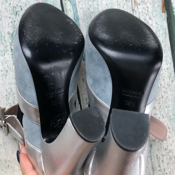 Miu Miu 38.5 Mary Jane pump heels silver grey leather suede buckle luxury Italy - Picture 7 of 9